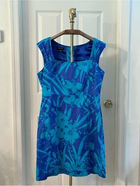 Vintage 90s Spence Blue Tropical Floral Sheath Dress
